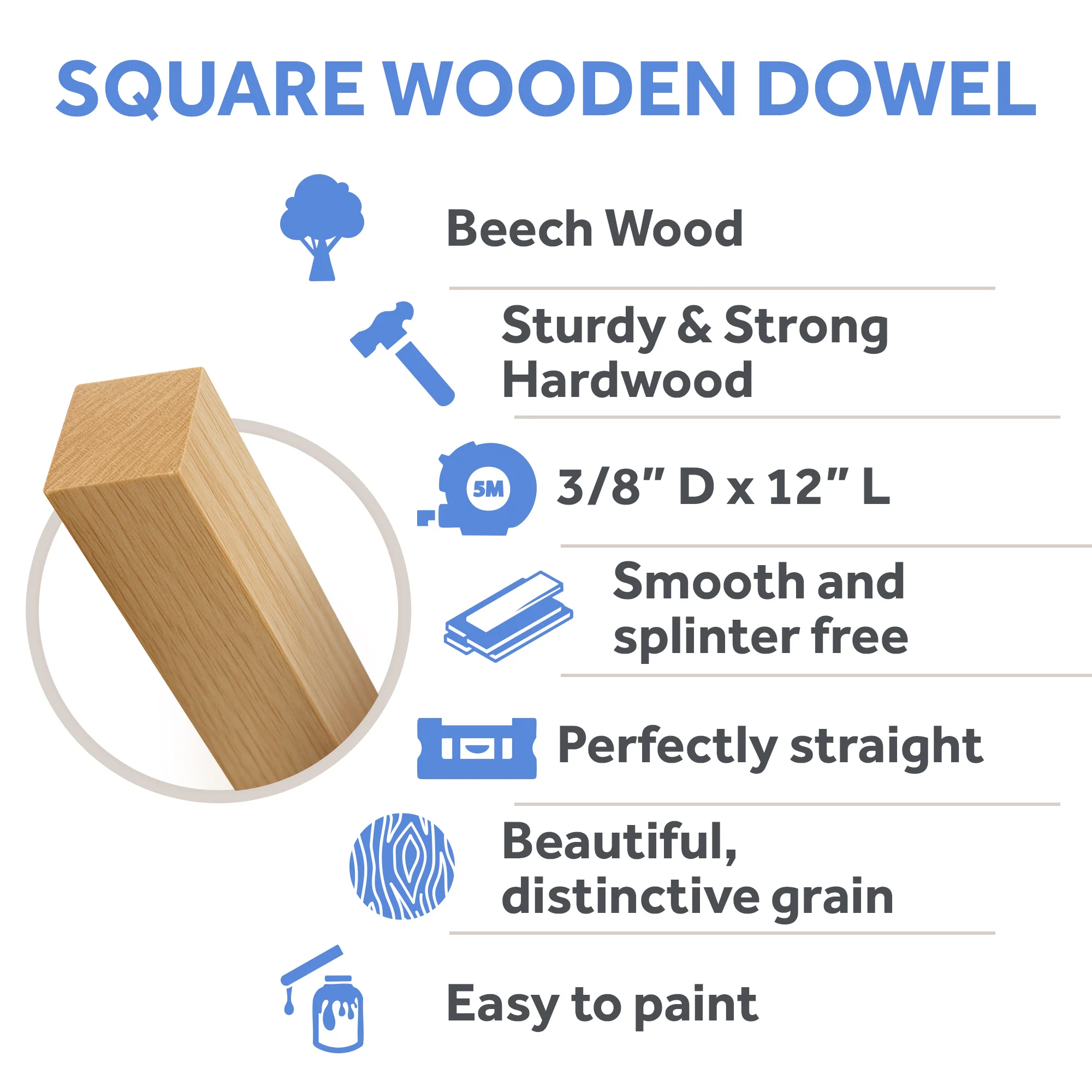3/8 x 12 Square Beech Dowel - Image 2