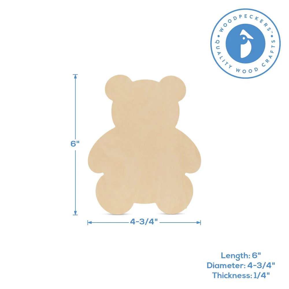 6" Wood Teddy Bear Cutout, 6" x 4-3/4" x 1/4" - Image 3