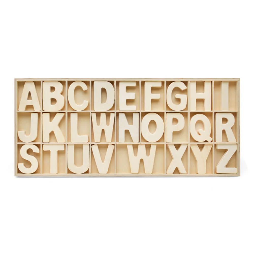 Unfinished Wood Sorting Tray With Alphabet Cutouts