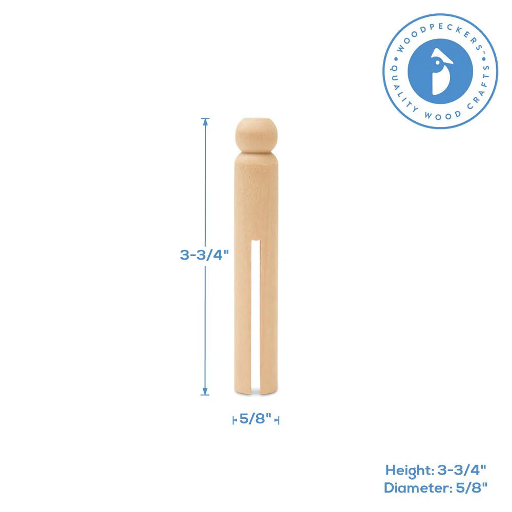 Wood Doll Clothespin, Round, 3-3/4", straight bottom - Image 4