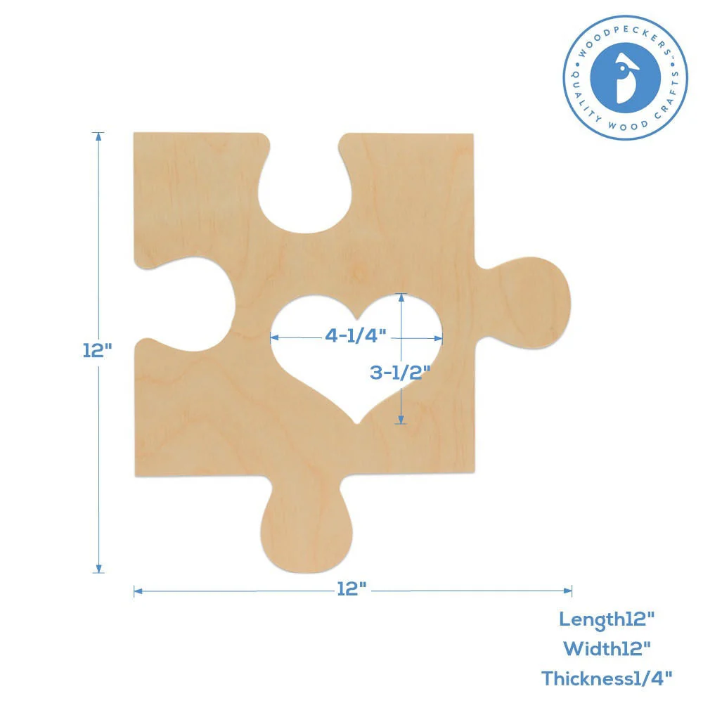 Wood Puzzle Piece Cutout, 12" x 12", with Heart Shaped Frame - Image 4