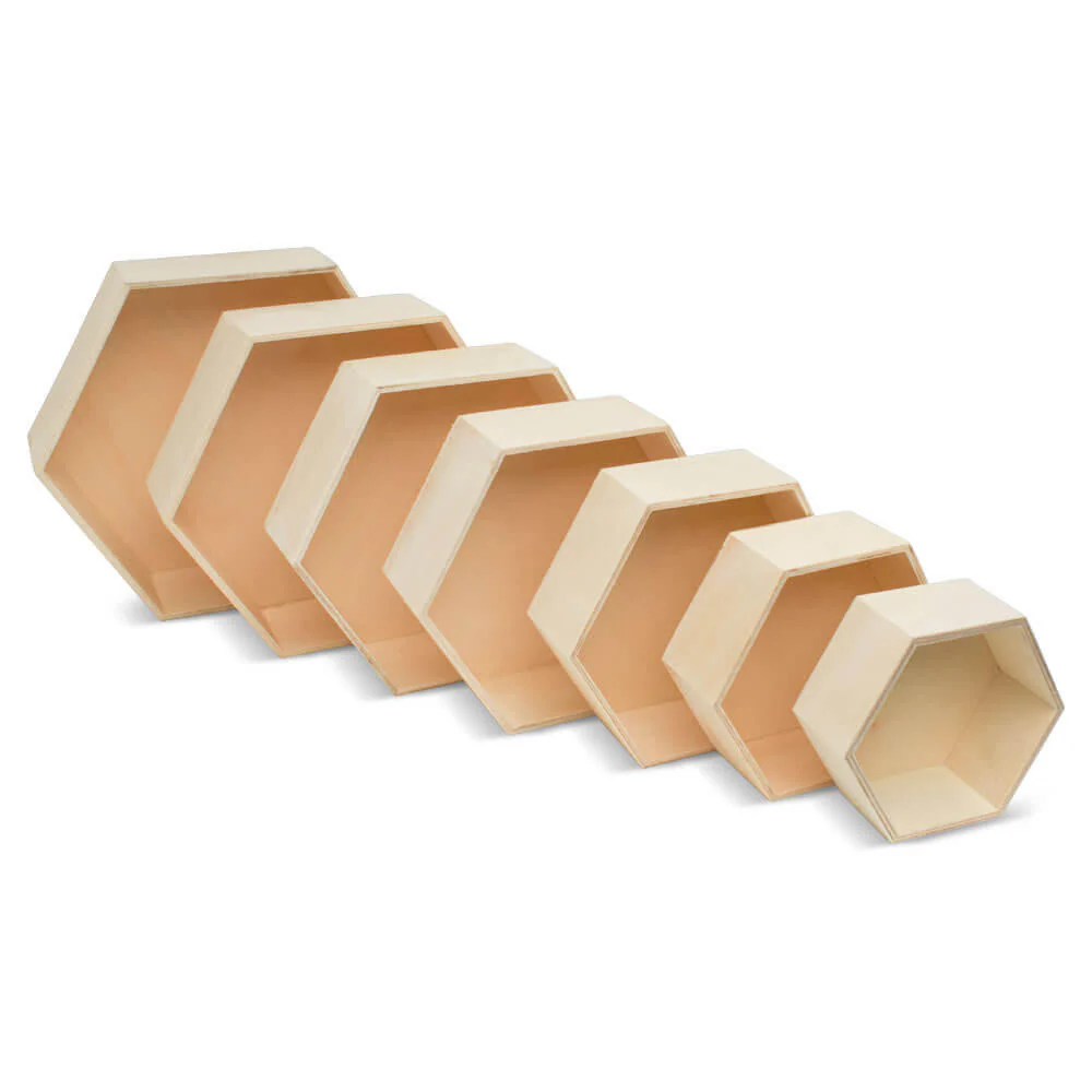 Wooden Hexagon Floating Shelves with Backs, Set of 7